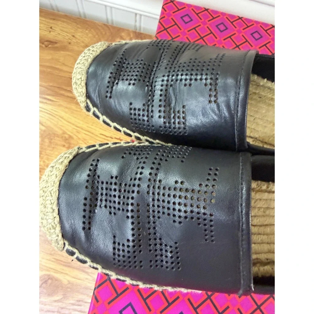 Tory Burch Black Perforated Logo Nappa Leather Espadrille Flats Size 6.5